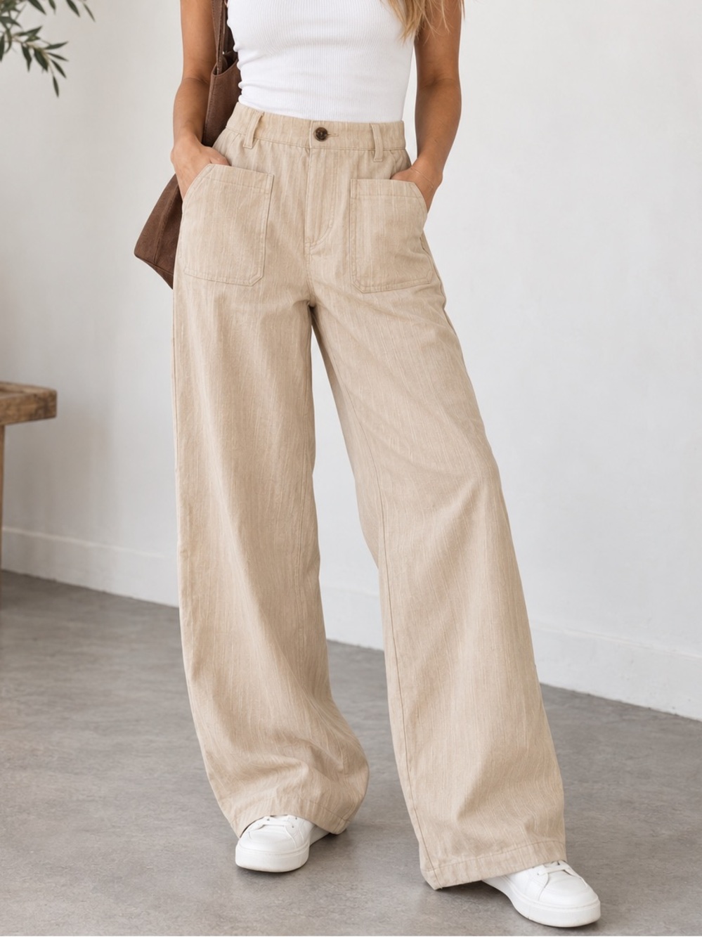 Halara Beige Wide Leg Pants Size L Regular Elastic Back Waist Patch Pockets